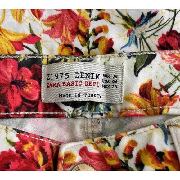 Zara Z195 Basic Denim Jeans 6 Ankle Skinny Tropical Floral All Over Print - Picture 5 of 8